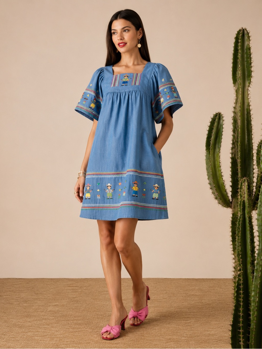 Frances Valentine Embroidered Folk Art Tunic Dress Blue Cotton Linen Shift 6